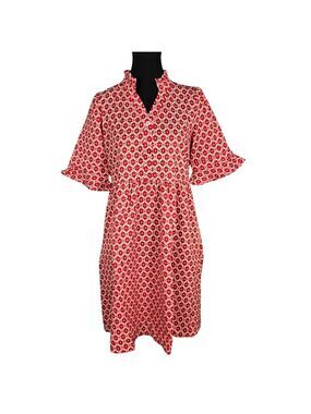 NWT | OURIN Red & Cream Geometric Floral Ruffle Sleeve Dress | Small